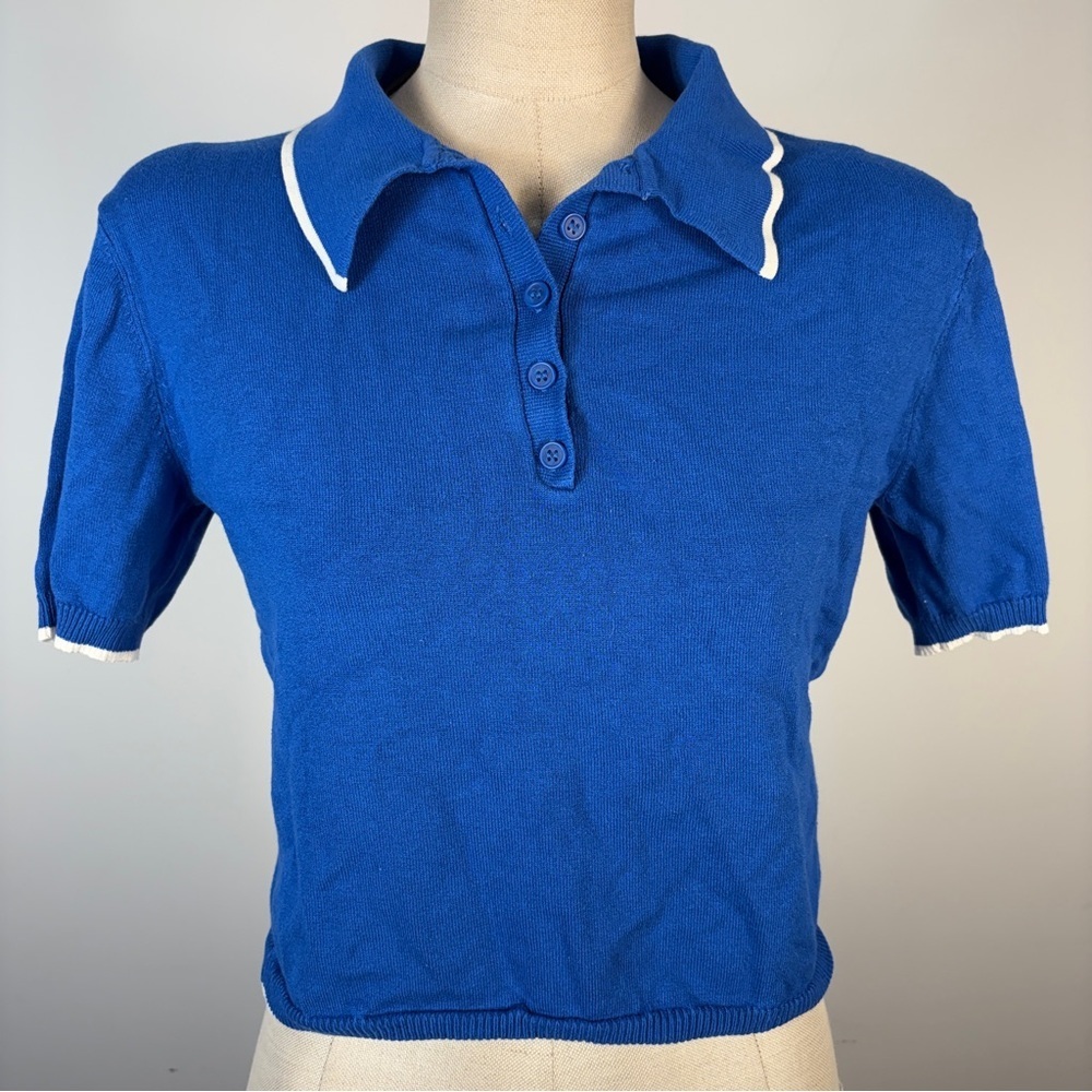 H&M Blue Knit Polo Crop Top | 60s Mod Preppy Retro Aesthetic